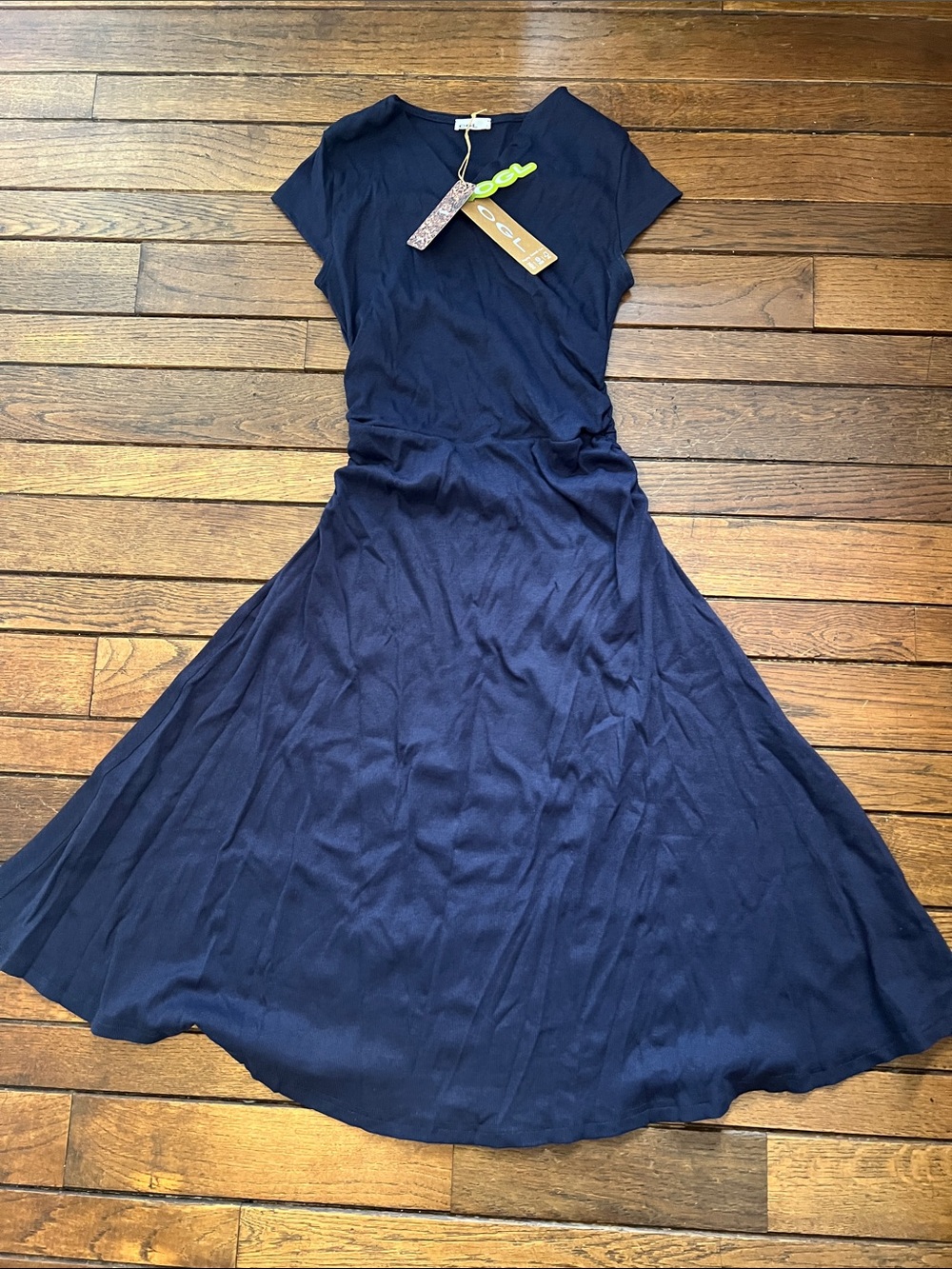 OGL Navy Stretchy Cotton V-neck Cap Sleeve Midi Dress Size Small NWT